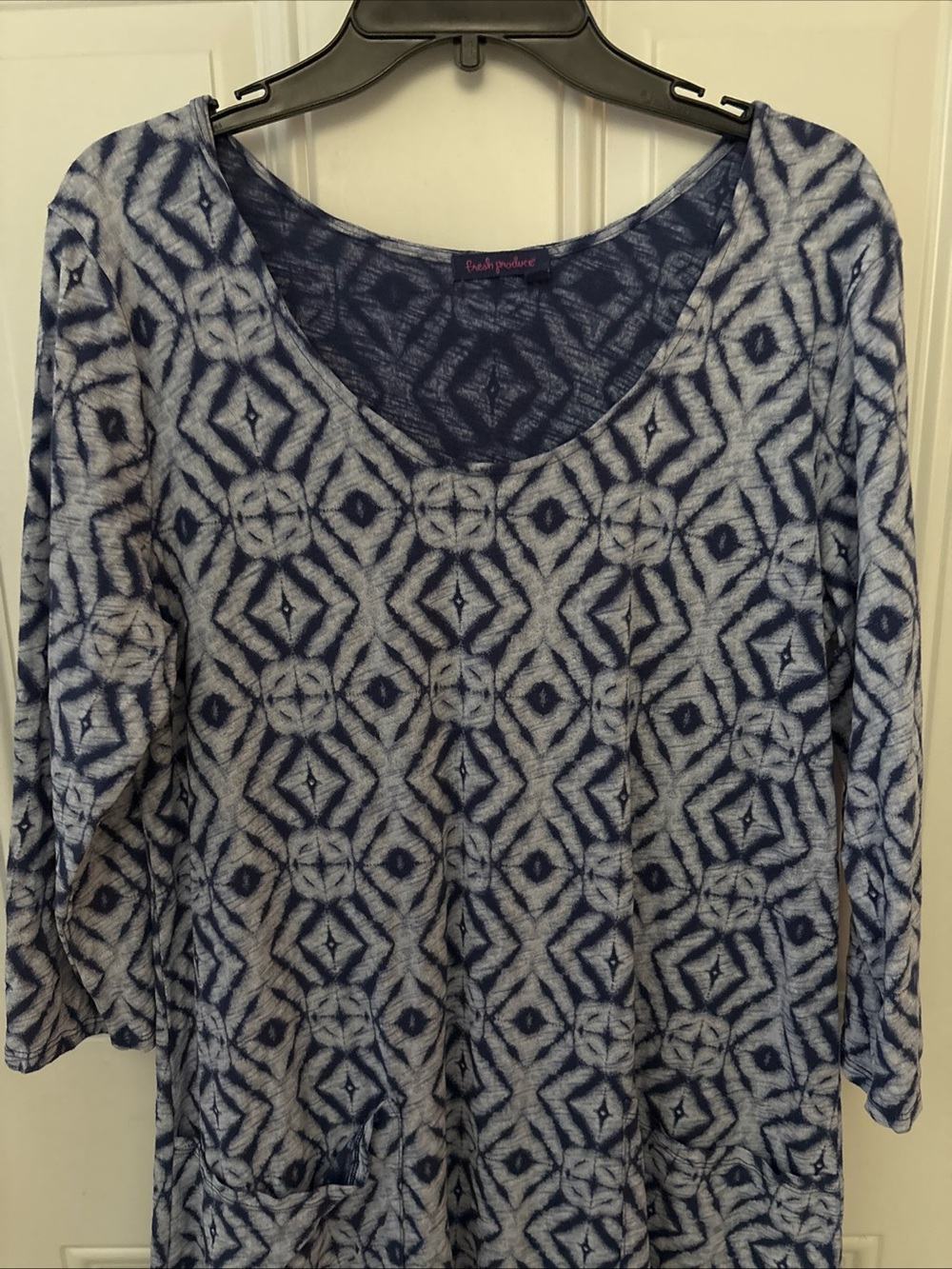 Fresh Produce Women’s Blue Patterned Scoop Neck Dress with Front Pockets